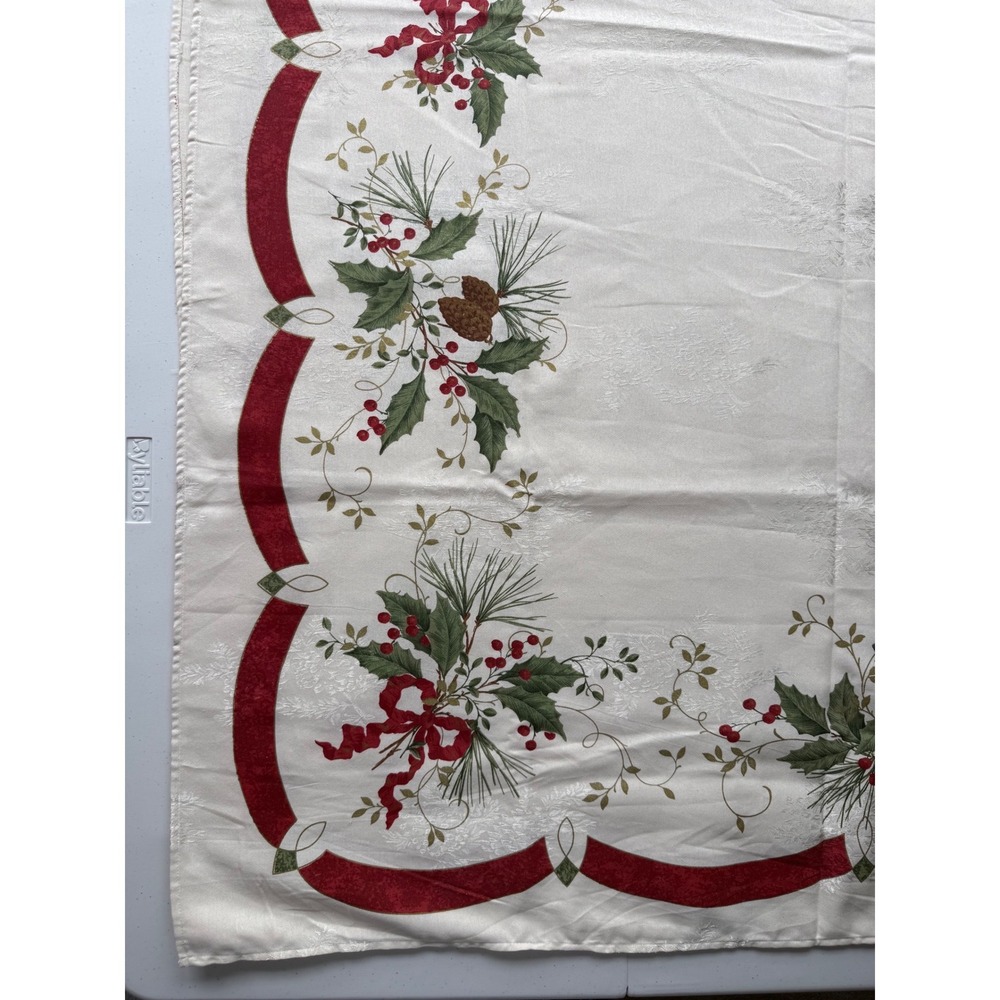 Lenox Christmas Tablecloth 61"x83" Ivory Holly Red Bows Damask Holiday Dining